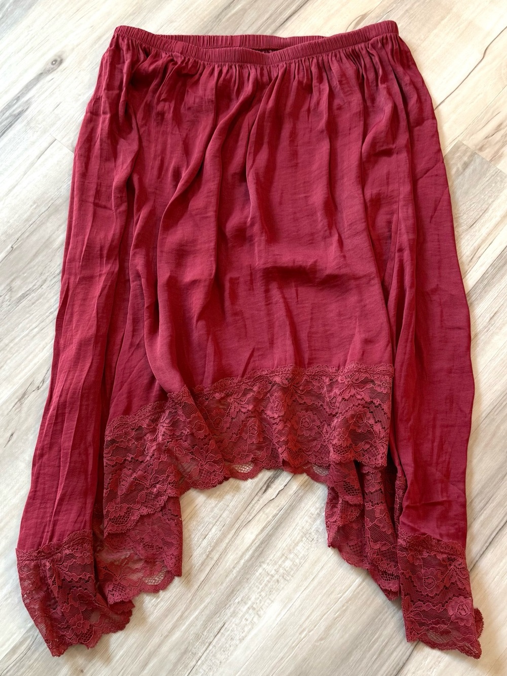 Aerie Asymmetrical Lace-Hem Skirt in Deep Red